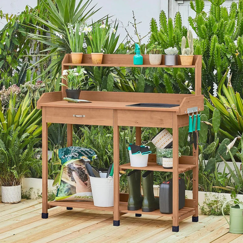 Yaheetech Potting Bench Outdoor Garden Work Bench Station Planting Solid Wood Construction for Horticulture w/Sink Drawer Rack Shelves Brown by GreenHaven Gardens