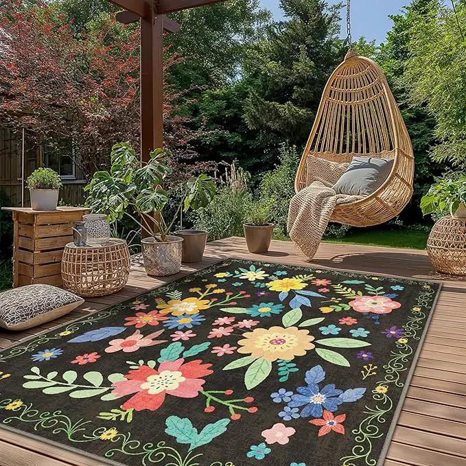 GENIMO Indoor Outdoor Area Rug 5' X 7' Waterproof, Washable Patio Rug Non Shedding, Easy Cleaning Floral Outdoor Carpet for Living Room, Bedroom, Dining Room, Balcony, Backyard, Deck, RV, Black by GreenHaven Gardens