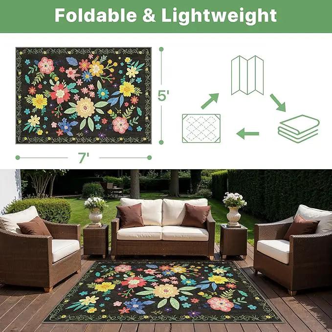 GENIMO Indoor Outdoor Area Rug 5' X 7' Waterproof, Washable Patio Rug Non Shedding, Easy Cleaning Floral Outdoor Carpet for Living Room, Bedroom, Dining Room, Balcony, Backyard, Deck, RV, Black by GreenHaven Gardens