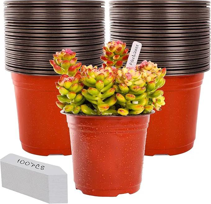 TDHDIKE 6 Inch Plastic Plant Nursery Pot/Pots (100pcs Pots and 100pcs Plant Labels) Seedlings Flower Plant Container (Red) Seed Starting Pots Indoor Outdoor by GreenHaven Gardens