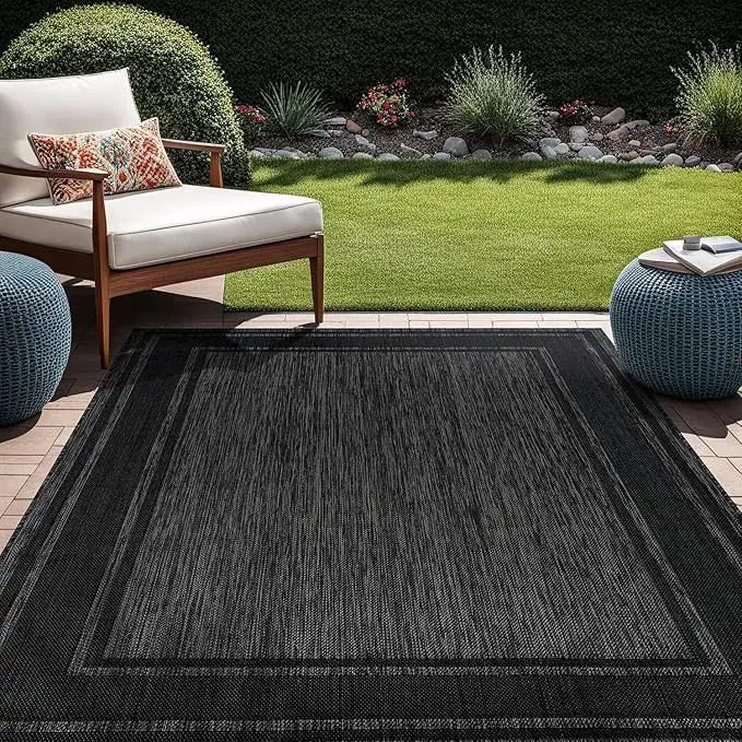 Beverly Rug Large Outdoor Rug 9x12 Modern Bordered Area Rugs for Indoor and Outdoor Patio Deck Porch Garden Waterproof Weather Sun Resistant Washable Outside Carpet (9 x 12 Black) by GreenHaven Gardens
