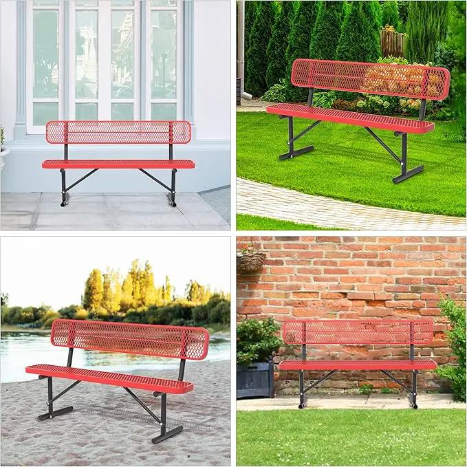 Heavy Duty Park Bench with Back Portable Frame, Outdoor Steel Bench with Backrest, Red Metal Bench Seat Expanded Metal Mesh Bench for Lawn, Park, Deck, Garden, Patio, Porch, Black (Red, 6FT) by GreenHaven Gardens