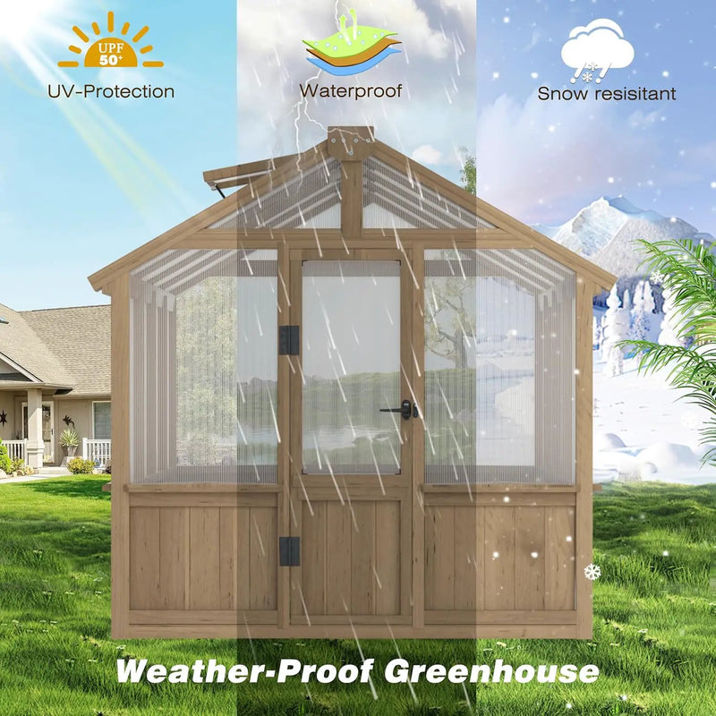 Mupater 6 x 8 FT Wooden Polycarbonate Greenhouse with Ventilated Window and Lockable Door, 6mm PC Panels for UV Protection, Walk-in Greenhouse Kit for Outdoor, Garden and Backyard, Brown by GreenHaven Gardens