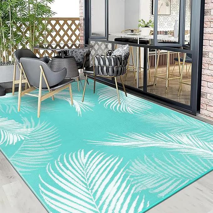 Pauwer Waterproof Outdoor Rug 8x10, Reversible Plastic Straw Patio Camping Rug, Indoor Outdoor RV Mat Carpet for Deck, Camper, Porch, Balcony, Backyard, Picnic, Leaf Light Blue by GreenHaven Gardens