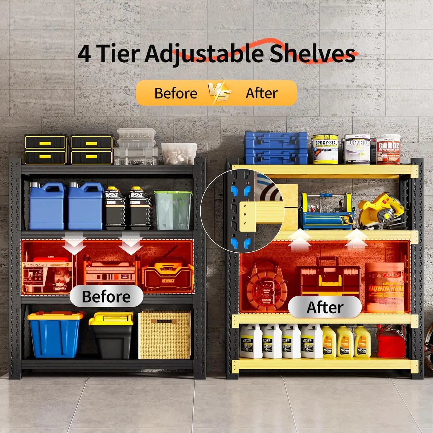 Garage Shelving Unit, 4 Tier Heavy Duty Racks, Easy Assembly, Metal Racks with Adjustable Shelves, 3000 LBS Load Capacity,for Warehouse,Basement (Black&Yellow, 23.6" D x 47.2" W x 78.7" H) by GreenHaven Gardens