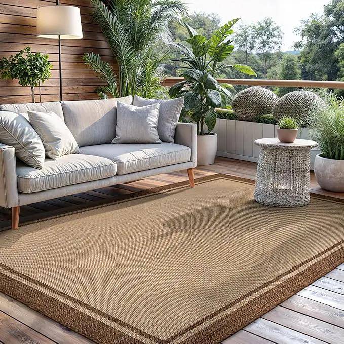 CAMILSON Indoor Outdoor Rug, 10x14 Bordered Natural Brown Modern Large Area Rugs for Indoor and Outdoor Patios, Kitchen and Hallway Mats, Washable Porch Deck Outside Carpet (Jute, 10 x 14) by GreenHaven Gardens