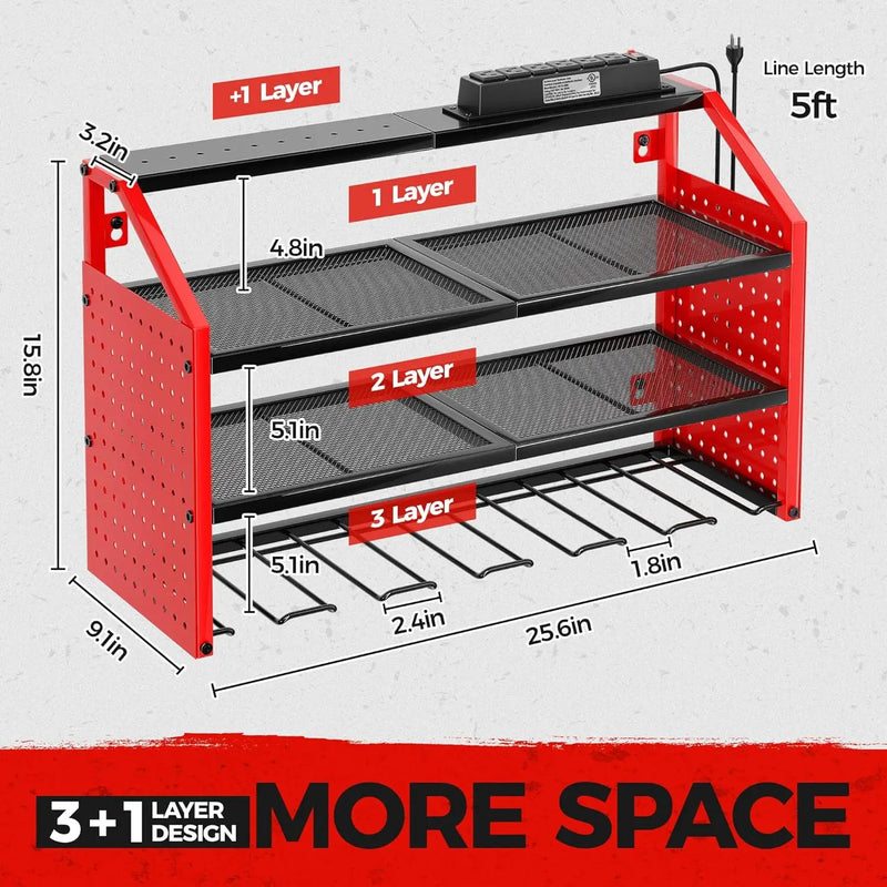 LBT Power Tool Organizer With Charging Station,Patented,Heavy Duty Steel,6 Drilling Rig Sizes With Hooks And Screw Boxes,6 sockets,Easy To Install Garage Storage Rack,Great Gift For Men, Red by GreenHaven Gardens