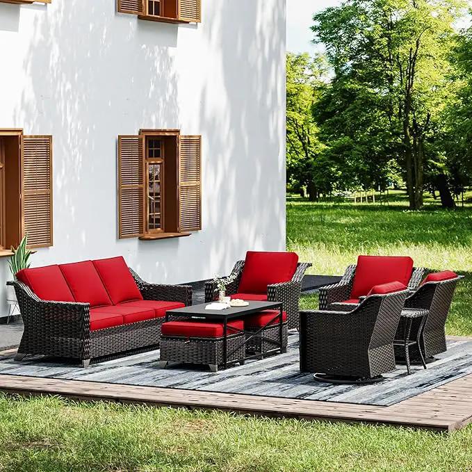 Joyside Wicker Patio Furniture Sets, 9 Pieces Upgraded Large Size Outdoor Furniture with Swivel Rocking Patio Chairs, Patio Dining Chair, 3-Seat Sofa, Outdoor Ottoman, Coffee Table, Thick Cushions by GreenHaven Gardens