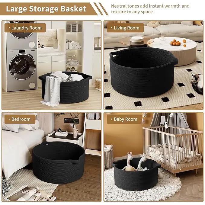 125L Extra Large Blanket Basket, 25" x 16", Jumbo Laundry Woven Baskets Decorative Home, Cotton Rope Basket with Handles, Baby Toy Baskets for Storage, Black, 2PC by GreenHaven Gardens
