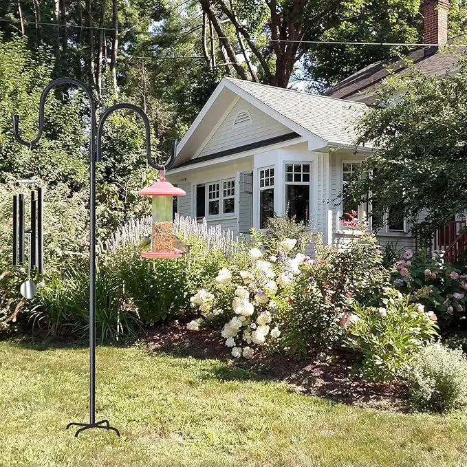 Double Shepherds Hook for Outdoor,78 Inch Bird Feeder Pole with 5 Prongs Base,Adjustable Heavy Duty Garden Hanging Holder for Hanging Plant,Solar Light,Weddings Decor,Hummingbird Feeder（1 Pack） by GreenHaven Gardens