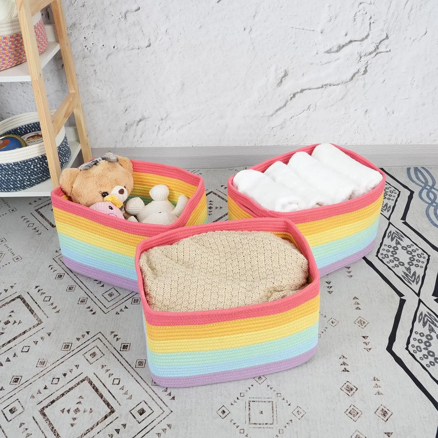 3-Pack Rainbow Storage Baskets 14.5X9.5X9.3“ – Woven Toy Organizer Bins for Kids, Baby Room, Nursery, and Classroom – Cute Square Rope Baskets for Shelves and Organization Rainbow by GreenHaven Gardens