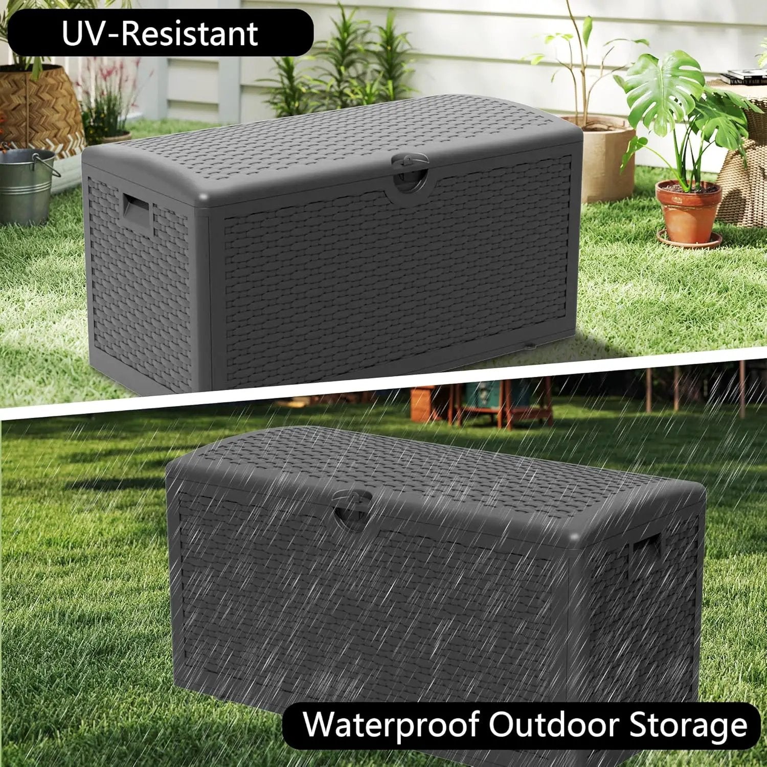 Upgrade 80 Gallon Waterproof Large Resin Deck Box Indoor/Outdoor Lockable Storage Container and Seating for Garden, Pool, and Patio (80 Pro Gallon, Black) by GreenHaven Gardens