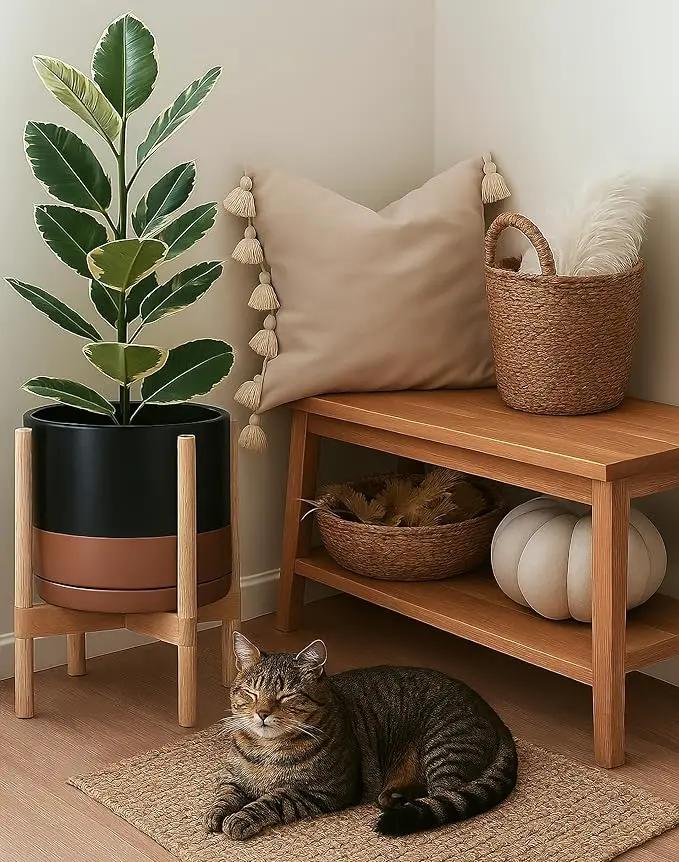D'vine Dev Ceramic Planter with Natural Stand - 12 Inch Modern Round Flower Pot with Wood Planter Holder, Black/Speckled Tan, 55-B-J-7 by GreenHaven Gardens