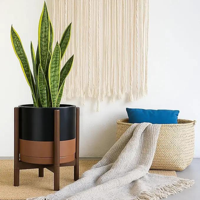 D'vine Dev Ceramic Planter with Walnut Color Stand - 12 Inch Modern Round Flower Pot with Wood Planter Holder, Black/Speckled Tan, 55-B-W-7 by GreenHaven Gardens