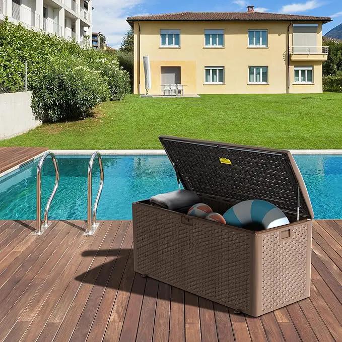 Premium Pro Edition 180 Gallon Lockable Resin Deck Box, Waterproof & UV-Resistant Outdoor Storage Box for Outdoor Cushion Storage, Garden Tools & Pool Accessories Storage, Brown by GreenHaven Gardens