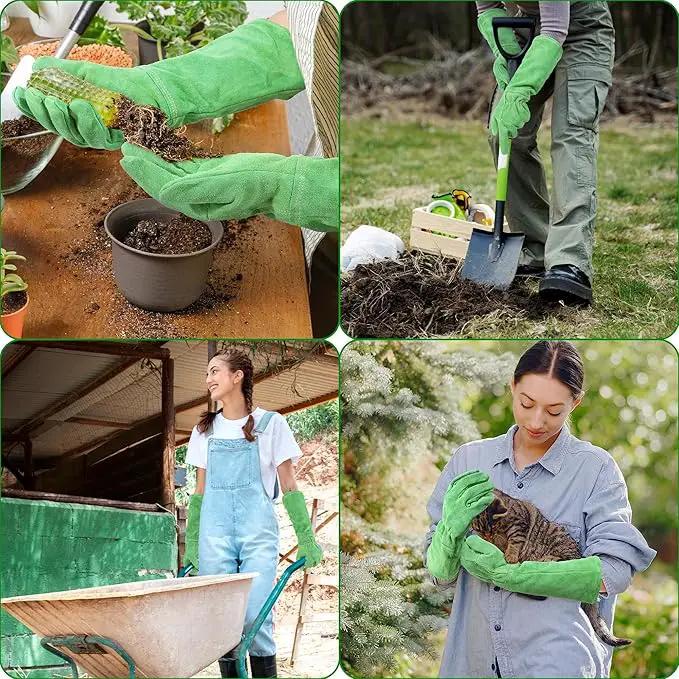 HANDLANDY Leather Gardening Gloves, Thorn Proof Long Gauntlet Heavy Duty Garden Gloves, Elbow Length Rose Pruning Weeding Yard Glove (Small, Green) by GreenHaven Gardens