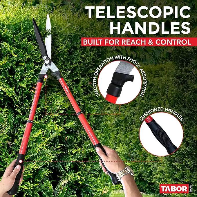 TABOR TOOLS B212A Telescopic Hedge Shears with Wavy Blade and Extendable Steel Handles. Extendable Manual Hedge Clippers for Trimming Borders, Boxwood, and Tall Bushes. by GreenHaven Gardens