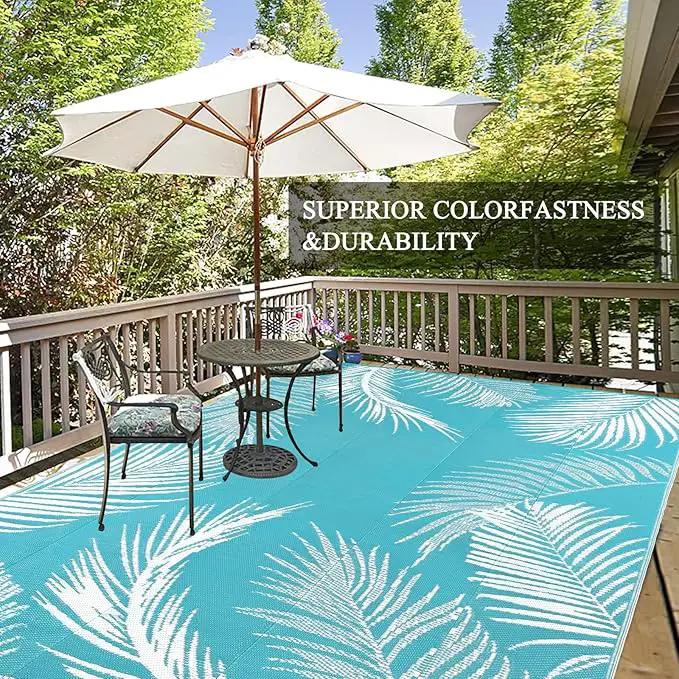 Pauwer Waterproof Outdoor Rug 9x12, Reversible Plastic Straw Patio Camping Rug, Indoor Outdoor RV Mat Carpet for Deck, Camper, Porch, Balcony, Backyard, Picnic, Leaf Teal by GreenHaven Gardens