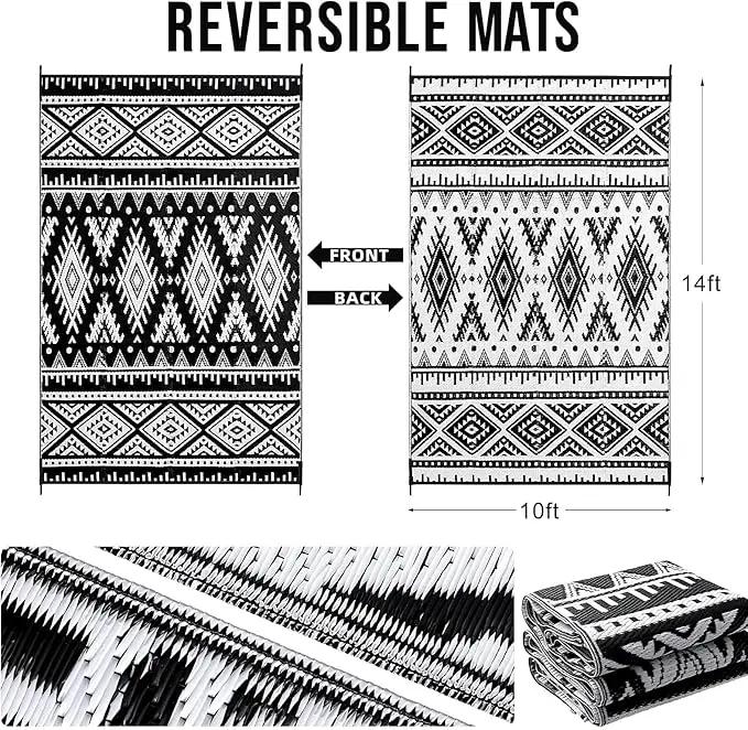 OLANLY Outdoor Rug Waterproof 10x14 ft, Reversible Outdoor Plastic Straw Rug, Boho Patio Rug, Indoor Outdoor Carpet, RV Mat Outside for Patio, Camp, Picnic, Balcony, Deck, Backyard, Black & White by GreenHaven Gardens