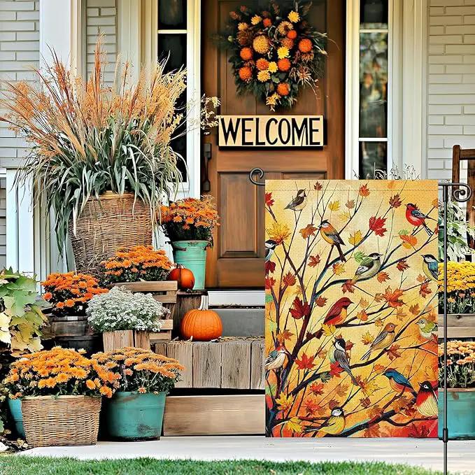 Louise Maelys Welcome Fall Garden Flag 12x18 Double Sided, Small Burlap Autumn Maple Tree Birds Thanksgiving Outside Outdoor House Yard Decor by GreenHaven Gardens