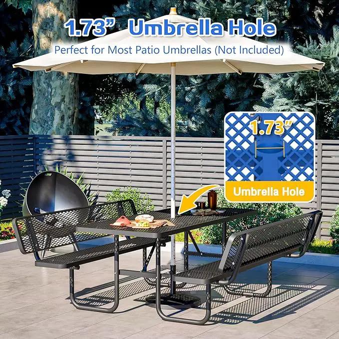 79'' Steel Rectangular Picnic Table for Outdoors, with backrest, Expanded, Lifetime Picnic Table with Umbrella Hole, Heavy Duty Sturdy Commercial Picnic Tables for Garden Courtyard BBQ, Blue by GreenHaven Gardens
