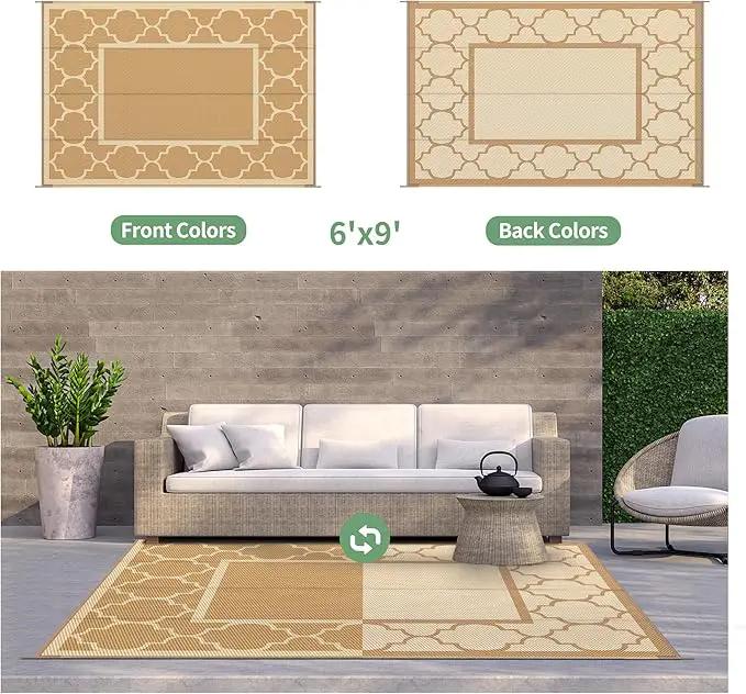 GENIMO 6' x 9' Outdoor Rug Waterproof for Patio Decor, Foldable Reversible Plastic Straw Area Rugs Mat for Camper, Outside Carpet for Rv, Deck, Porch, Picnic, Beach, Balcony, Brown & Beige by GreenHaven Gardens