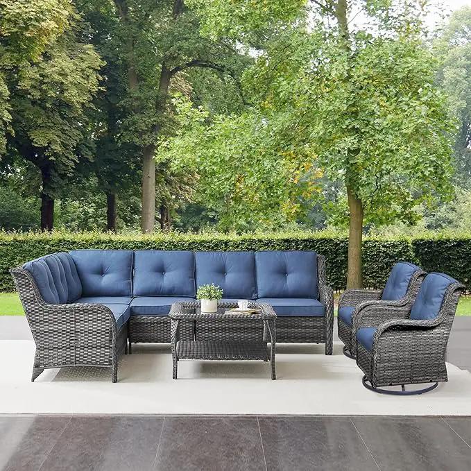 Outdoor Furniture Sectional Sofa L Shaped Couch - Patio Wicker Furniture Set with Coffee Table, 3 Piece Rattan Patio Conversation Sets with Blue Cushion for Deck Backyard Sunroom by GreenHaven Gardens