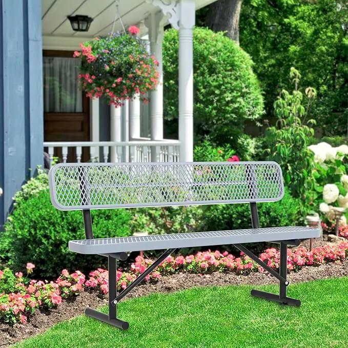 Heavy Duty Park Bench with Back Portable Frame, Outdoor Steel Bench with Backrest, Outdoor Park Bench Expanded Metal Mesh Bench for Lawn, Park, Deck, Garden, Patio, Porch, Black (Gray, 6FT) by GreenHaven Gardens