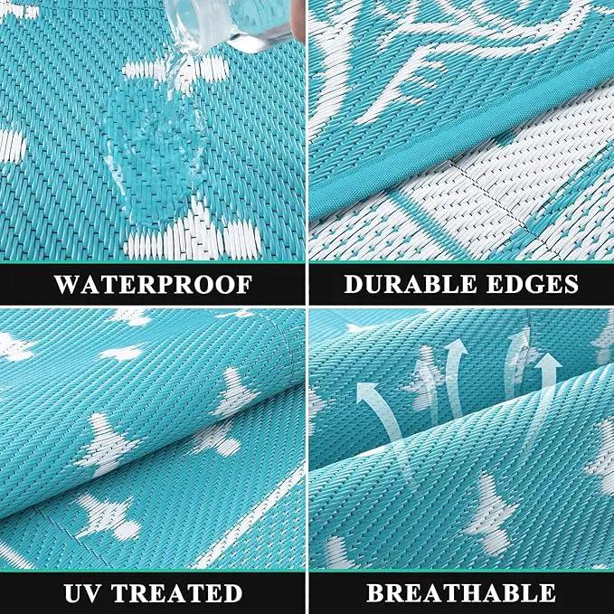 Pauwer Waterproof Outdoor Rug 8x10, Reversible Plastic Straw Patio Camping Rug, Indoor Outdoor RV Mat Carpet for Deck, Camper, Porch, Balcony, Backyard, Picnic, Bordered Teal by GreenHaven Gardens