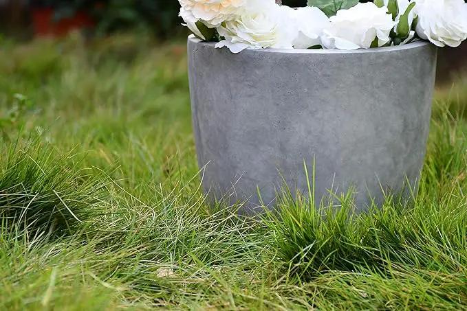 Kante 14 Inch Dia Round Concrete Planter, Indoor Outdoor Large Plant Pot with Drainage Hole and Rubber Plug for Home Patio Garden, Natural Concrete by GreenHaven Gardens