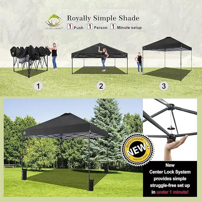 CROWN SHADES 10x10 Pop Up Canopy Tent - Patented Center Lock One Push Instant Outdoor Canopy Beach Tent with STO-N-Go Bag 8 Stakes & 4 Sand Bags，Black by GreenHaven Gardens