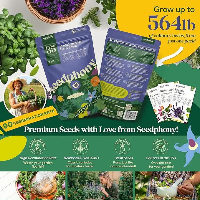 35 Medicinal & Tea Herb Seeds Variety Pack - 16,285+ Non-GMO Heirloom Herbs Seeds for Planting Indoor & Outdoor: Lavender, Rosemary, Echinacea, Mint, Catnip, Basil - Gardening Seed Packets by GreenHaven Gardens