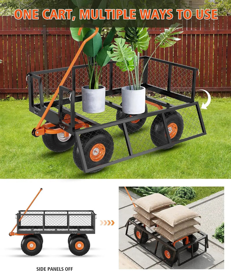 Heavy Duty Steel Garden Cart, 500 LBS Capacity 3 in 1 Pullable Garden Wagon with 10" Wheels, for Gardening Soil, Tools, and Plant Transport by GreenHaven Gardens