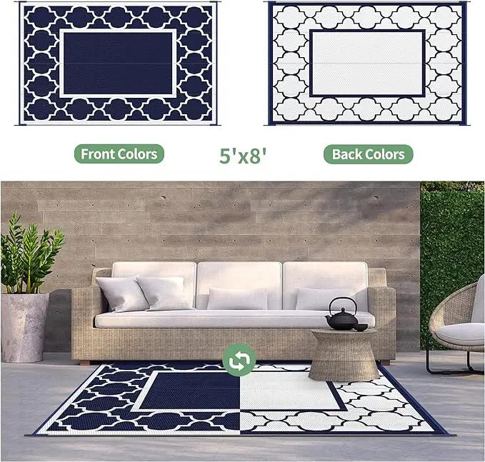 GENIMO 5' x 8' Outdoor Rug Waterproof for Patio Decor, Foldable Reversible Plastic Straw Area Rugs Mat for Camper, Outside Carpet for Rv, Deck, Porch, Picnic, Beach, Balcony, Blue & White by GreenHaven Gardens