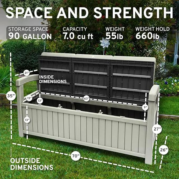 EconoHome 3 Seat Outdoor Storage Bench - 90 Gallon Capacity - Weatherproof Resin Bench for Patio, Porch, Garden, Yard, Pool Area - Furniture for Pool Accessories, Gardening Tools, Toys by GreenHaven Gardens