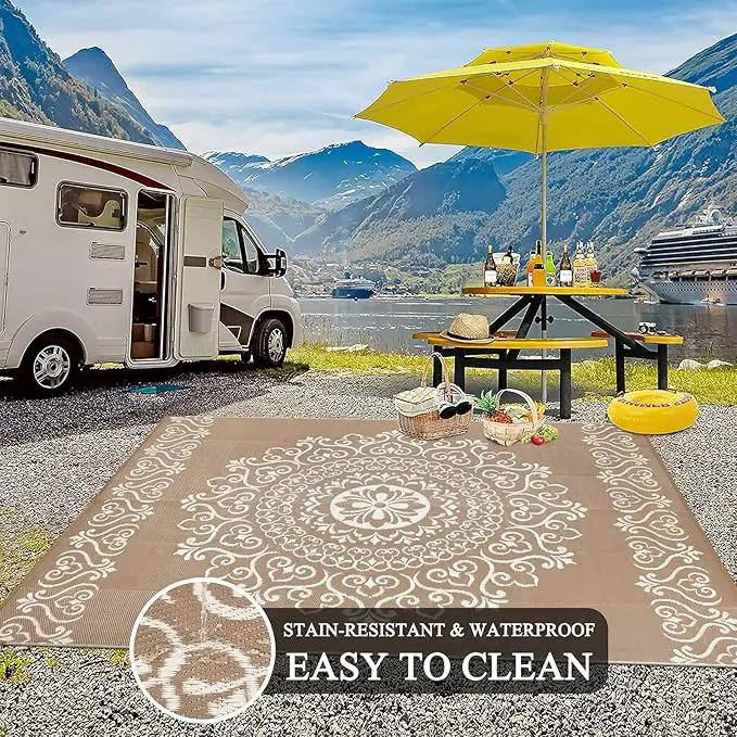 Pauwer Waterproof Outdoor Rug 6x9, Reversible Plastic Straw Patio Camping Rug, Indoor Outdoor RV Mat Carpet for Deck, Camper, Porch, Balcony, Backyard, Picnic, Floral Brown by GreenHaven Gardens