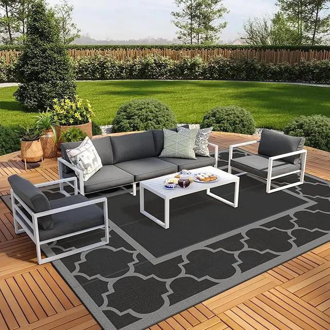 GENIMO 10 ' x 14 ' Outdoor Rug Waterproof for Patio Decor, Foldable Reversible Plastic Straw Area Rugs Mat for Camper, Outside Carpet for Rv, Deck, Porch, Picnic, Beach, Balcony, Black & Grey by GreenHaven Gardens