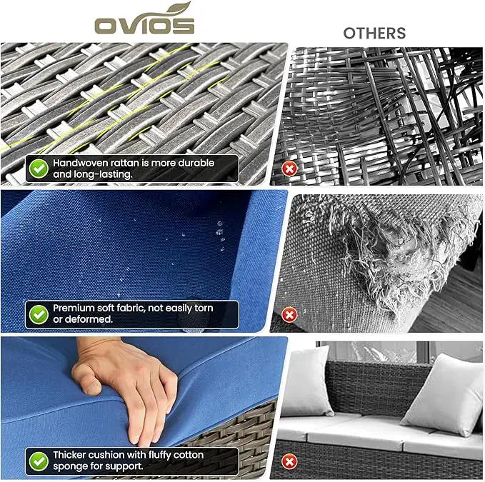 ovios 8 Pieces Patio Furniture Set, Outdoor Wicker Sofas with 2 Chairs, 4 Ottomans and Comfy Cushions, All Weather High Back Couch Set for Deck Porch, Brown Rattan, Navy Blue by GreenHaven Gardens