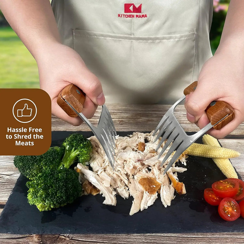 Kitchen Mama Meat Claws: Stainless Steel Shredder Claws with Wooden Handle for BBQ, Shredding, Pulling Pork, Chicken, Beef, and Turkey - Perfect for Grill Masters (1 Pair) by GreenHaven Gardens
