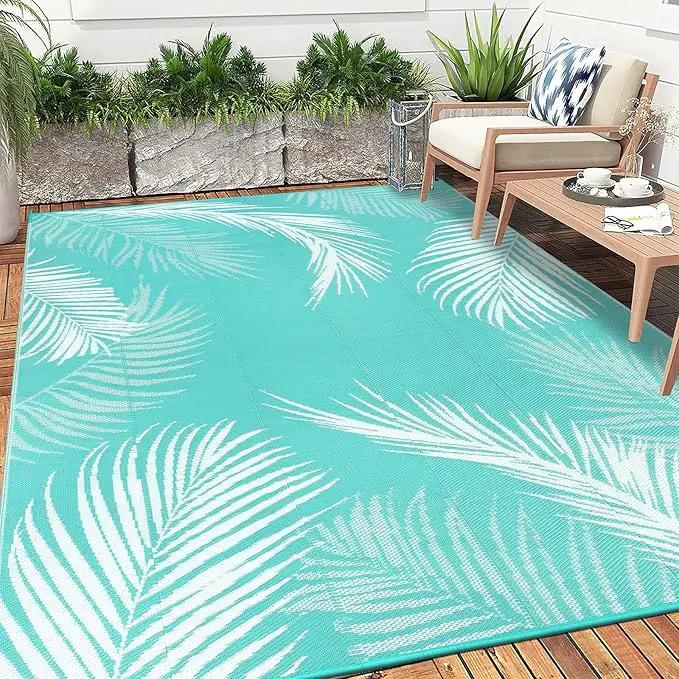 Pauwer Waterproof Outdoor Rug 6x9, Reversible Plastic Straw Patio Camping Rug, Indoor Outdoor RV Mat Carpet for Deck, Camper, Porch, Balcony, Backyard, Picnic, Leaf Light Blue by GreenHaven Gardens