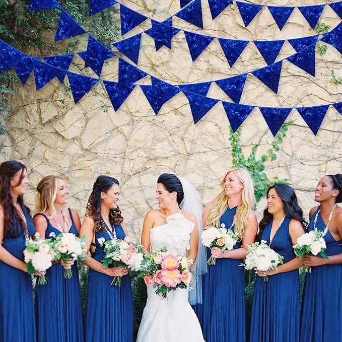pinkblume Royal Blue Decorations Double Sided Sequin Navy Blue Fabric Triangle Pennant Banner Flag Bunting Garland for Blue Nautical Ahoy Achor Theme Nursery Classroom Home Bedroom Wall Decor by GreenHaven Gardens