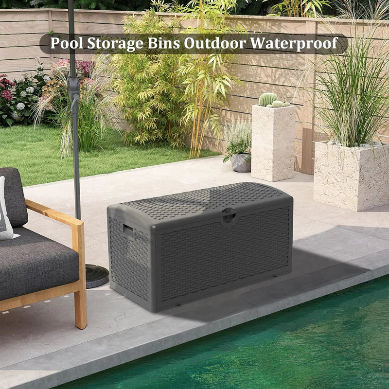Upgrade 80 Gallon Waterproof Large Resin Deck Box Indoor/Outdoor Lockable Storage Container and Seating for Garden, Pool, and Patio (80 Pro Gallon, Black) by GreenHaven Gardens
