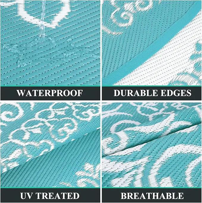 Pauwer Waterproof Outdoor Rug 8ft, Reversible Plastic Straw Patio Camping Rug, Indoor Outdoor RV Mat Carpet for Deck, Camper, Porch, Balcony, Backyard, Picnic, Floral Teal by GreenHaven Gardens