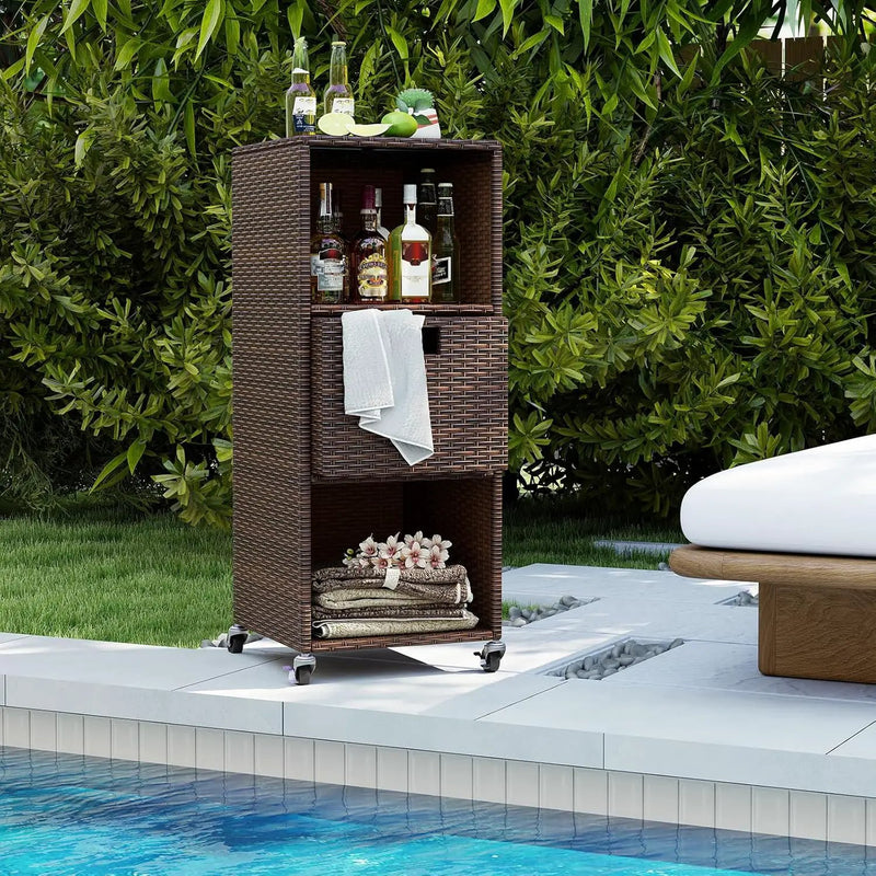 Tangkula Rattan Outdoor Storage Cabinet, Patiojoy Outdoor Wicker Cabinet with 3 Shelves, 1 Removable Drawer, 4 Wheels, Patio Storage Deck Box Cart for Backyard Poolside Porch (Mix Brown) by GreenHaven Gardens