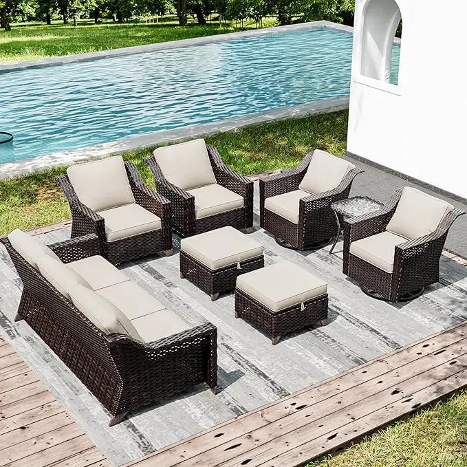 Joyside Wicker Patio Furniture Sets, 8 Pieces Upgraded Large Size Outdoor Furniture with Swivel Rocking Patio Chairs, Patio Dining Chair, 3-Seat Sofa, Outdoor Ottoman, Thick Cushions, Wide Armrest by GreenHaven Gardens