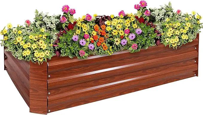 Sunnydaze 11.75" H Raised Metal Garden Bed - Galvanized Raised Garden Bed Outdoor for Vegetables and Flowers - Woodgrain - 4' x 3' Rectangle by GreenHaven Gardens