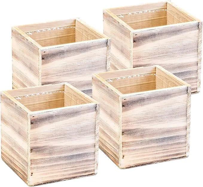 Wooden Planter Box, Rustic Whitewash with Plastic Liner l Garden Decor l Restaurant and Wedding Decorations l Wedding Bouquets, Table Centerpiece (5x5 Set of 4, Whitewash) by GreenHaven Gardens
