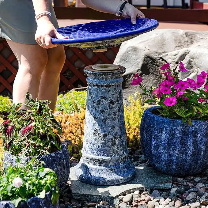 Sunnydaze Rennes Outdoor Ceramic Bird Bath - 22.5" H - UV- and Frost-Resistant - Glazed Bowl with Blue Lava Finish by GreenHaven Gardens
