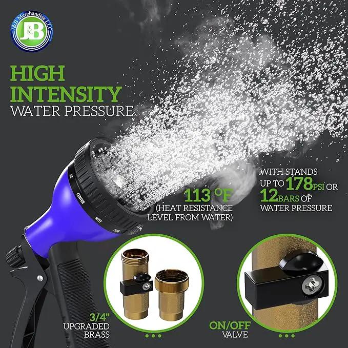 J&B XpandaHose 100ft Expandable Garden Hose with Holder - Heavy Duty Superior Strength 3750D - 4 -Layer Latex Core - Extra Strong Brass Connectors and 10 Spray Nozzle w/Storage Bag (Blue 100) by GreenHaven Gardens