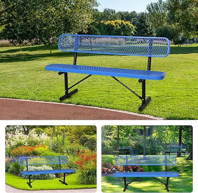 6FT Outdoor Benches Heavy Duty Park Bench with Back Portable Frame, Blue Metal Steel Bench, Outdoor Garden Bench Expanded Metal Mesh Bench for Lawn, Park, Deck, Garden, Patio, Porch, Black (Blue, 6FT) by GreenHaven Gardens